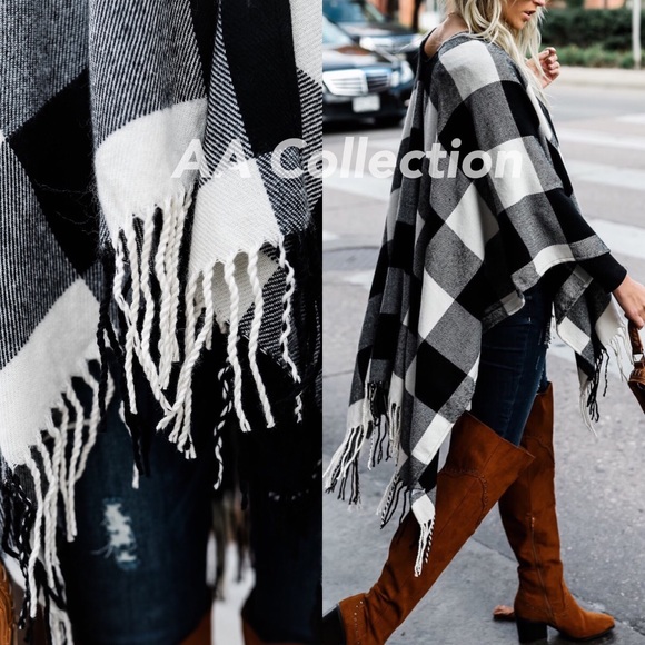 Buffalo Check plaid Tassel shawl Poncho cover up - Picture 4 of 7